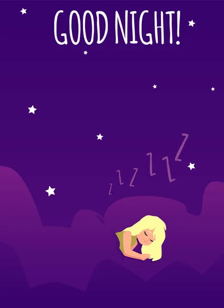 Καλή κάρτα νύχτα ή αφίσα με ύπνο χαριτωμένο κορίτσι επίπεδη διανυσματική απεικόνιση. — Διανυσματικό Αρχείο