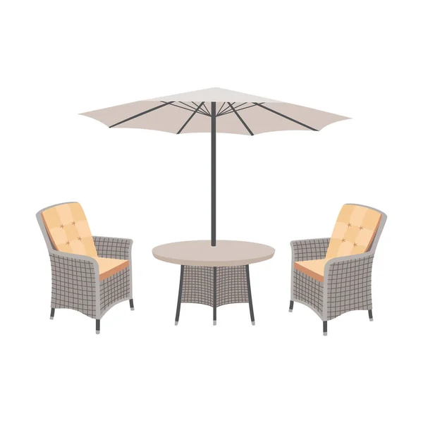 Proutěný zahradní stůl a židle s deštníkem, ploché vektorové ilustrace izolované. — Stockový vektor