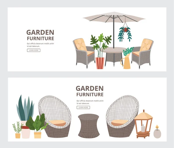 Un conjunto de pancartas con hermosos muebles de jardín modernos. — Vector de stock