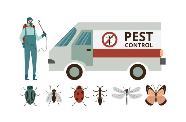 Conjunto de controle de pragas com trabalhador e insetos, ilustração vetorial plana isolada. —  Vetores de Stock