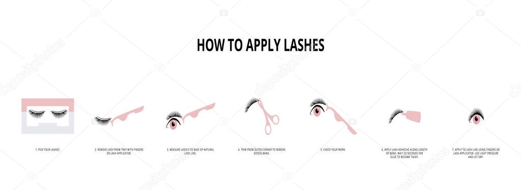 Explanatory poster how to apply false lashes vector illustration isolated.