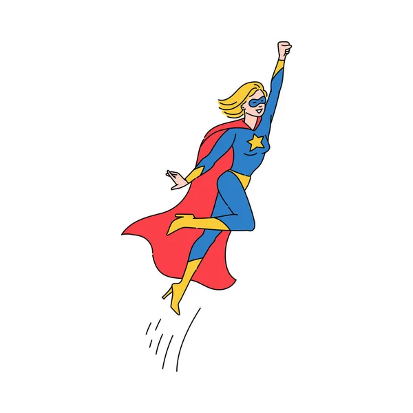 Mujer superhéroe volando en traje con ilustración de vectores de boceto de capa aislado. — Vector de stock