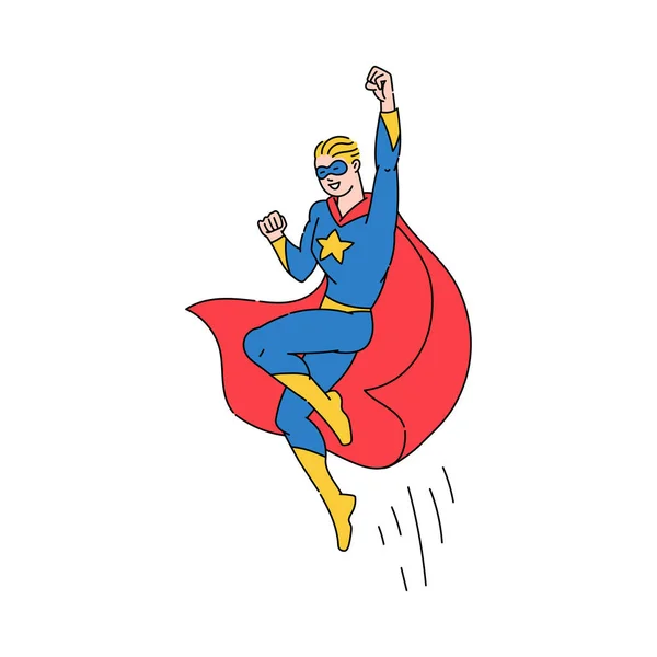 Superbohater człowiek latający z peleryną machając, wektor kreskówki ilustracja odizolowany. — Wektor stockowy