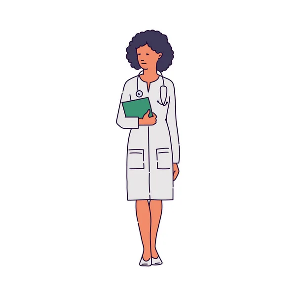 Doctor en bata médica blanca mujer carácter boceto vector ilustración aislado. — Vector de stock