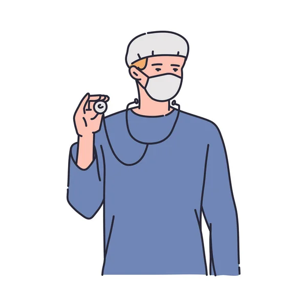 Tıbbi maskeli bir doktor steteskop tutuyor - çizgi film sağlık uzmanı — Stok Vektör
