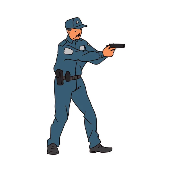 Polizist Charakter Schießen aus Waffe Skizze Vektor Illustration isoliert. — Stockvektor