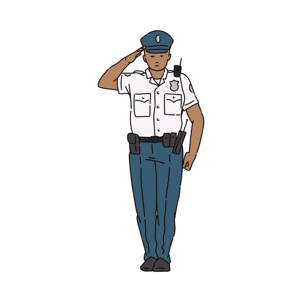 Polizist Figur in Uniform salutiert Skizze Vektorillustration isoliert. — Stockvektor