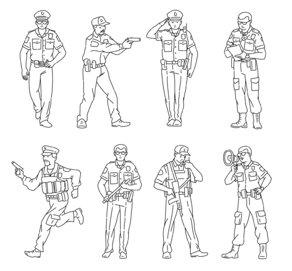 Zwarte lijn mannelijke personages set van politieagenten schets vector illustratie geïsoleerd. — Stockvector