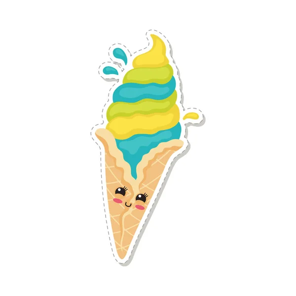 Ice cream sticker design with kawaii face cartoon vector illustration isolated. — Stock Vector