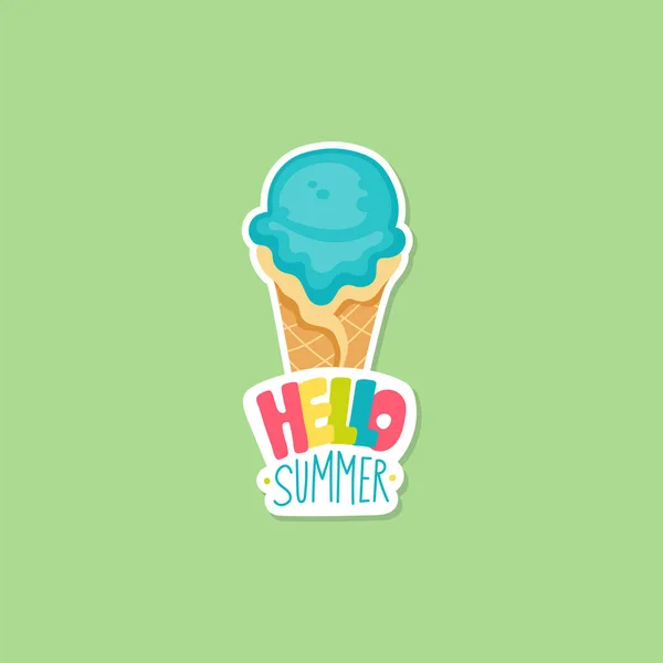 Hola pegatina de verano con helado ilustración vector de dibujos animados aislados. — Vector de stock