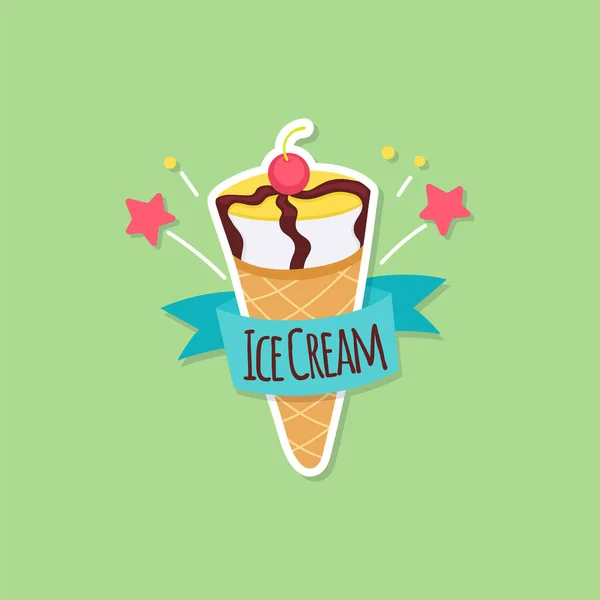 Sticker or fashion patch with ice cream cone flat vector illustration isolated. — Stock Vector