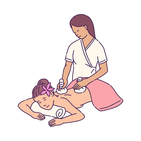 Illustrazione vettoriale di una donna che si gode un massaggio di pietra in una Spa. — Vettoriale Stock