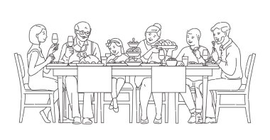 Family having dinner together, vector illustration in black line style isolated. vector Family having dinner together, vector illustration in black line style isolated. vector