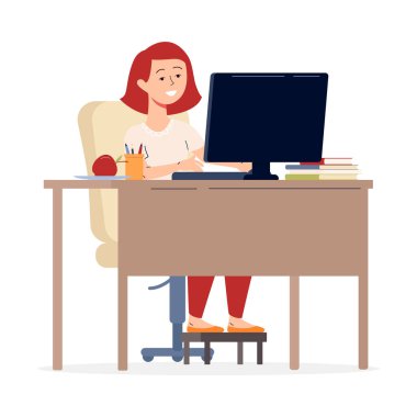 Genç kız ya da genç kız bilgisayar düz vektör çiziminin arkasında tek başına oturuyor..