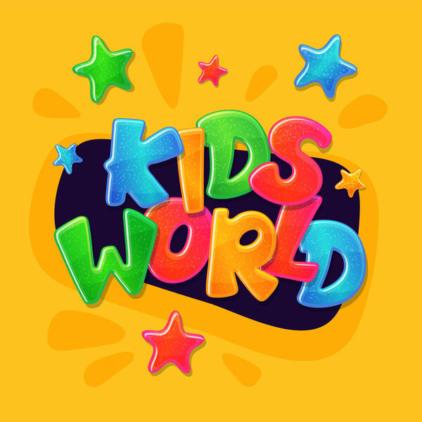 Kids world inscription for children game area, flat cartoon vector illustration.