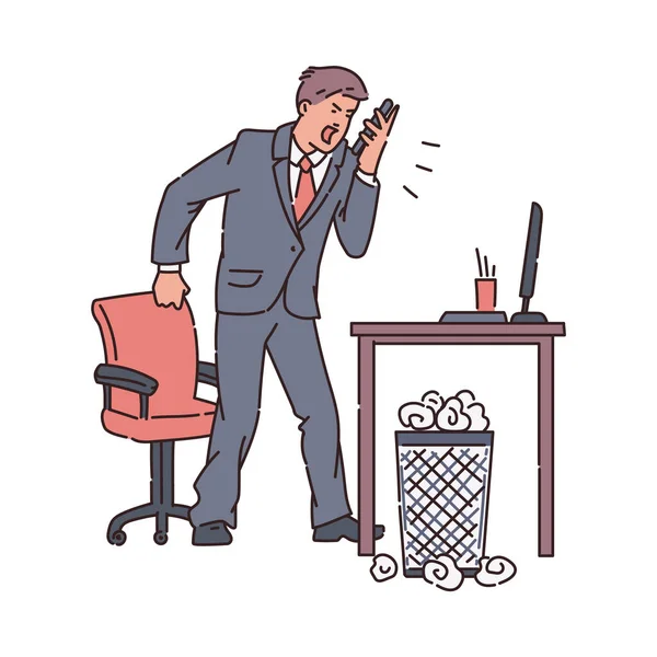 Homme d'affaires furieux stressé, employé de bureau croquis vectoriel illustration isolé. — Image vectorielle