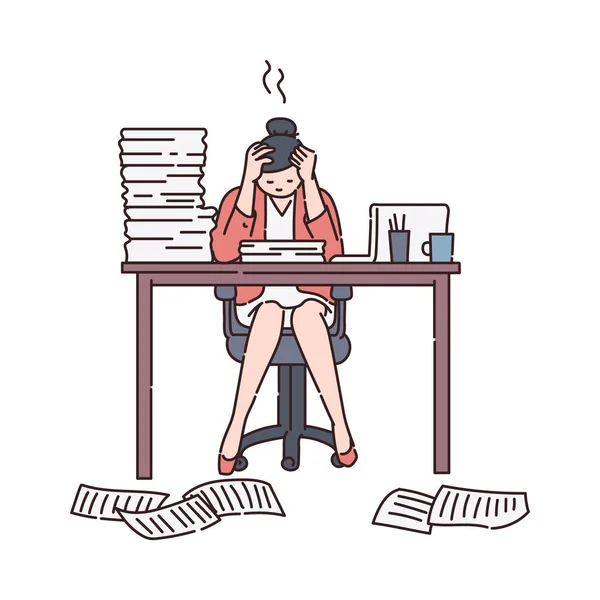 Vrouw in kantoor chaos en stressvolle deadline schets vector illustratie geïsoleerd. — Stockvector