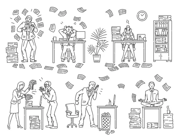 Bureau personnes dans un environnement de chaos stressant croquis illustration vectorielle isolé. — Image vectorielle