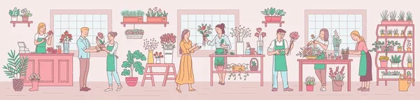 Florista com floristas organizando composições esboço ilustração vetorial. — Vetor de Stock