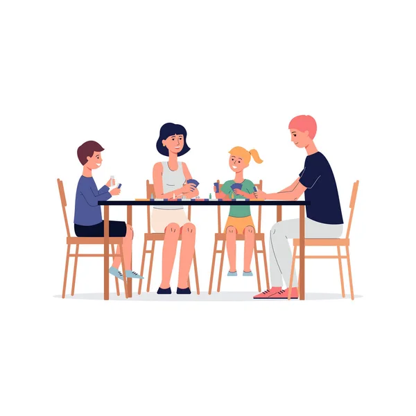 Familia en casa desayuno o cena escena plana vector ilustración aislado. — Vector de stock