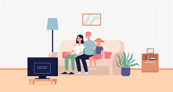 Familia viendo la televisión juntos en la sala de estar fondo plano vector ilustración. — Vector de stock