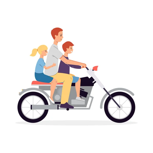 Pai com filhos montando uma motocicleta plana vetor ilustração isolado. — Vetor de Stock