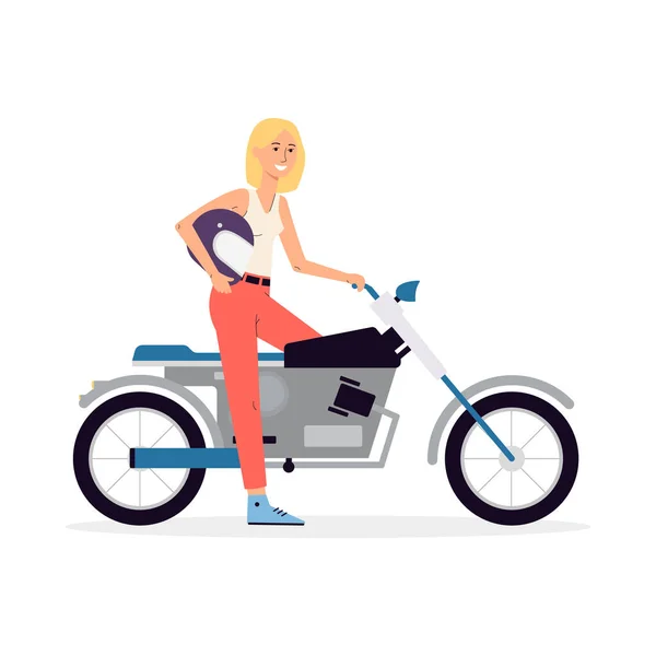 Femme ou fille avec casque et moto plat vecteur illustration isolé. — Image vectorielle