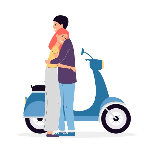 Γυναίκα και ο άνθρωπος στην αγάπη αγκαλιάζει κοντά μοτοσικλέτα επίπεδη διανυσματική απεικόνιση απομονωμένη. — Διανυσματικό Αρχείο