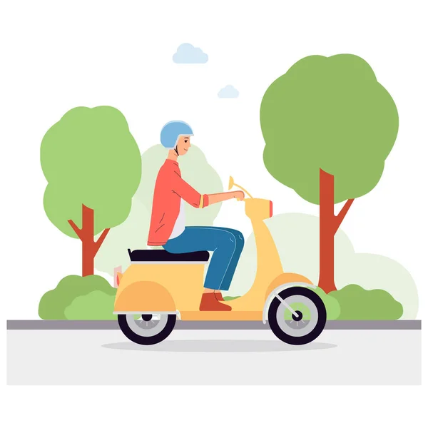 Jovem personagem equitação motocicleta ou ciclomotor plana vetor ilustração isolado. —  Vetores de Stock
