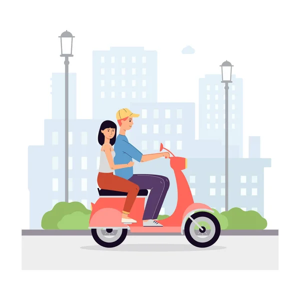 Любящие пары езда на мотоцикле в городе, плоские векторные иллюстрации изолированы. — стоковый вектор