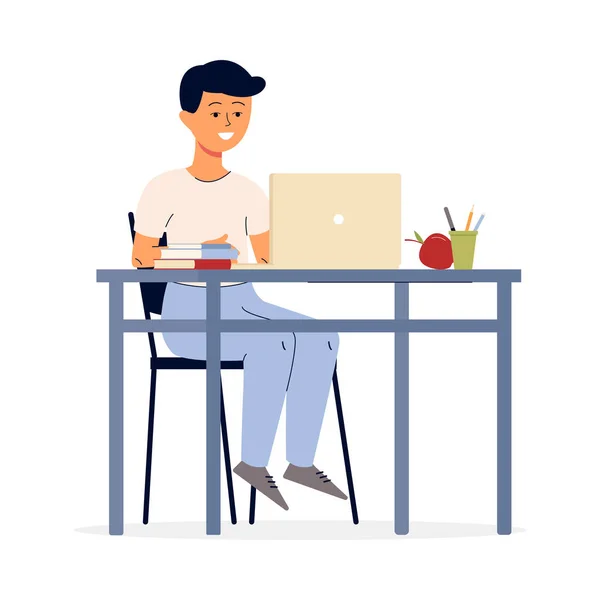 Teenager boy studying at home with computer flat vector illustration isolated. — Stock Vector
