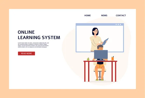 Online learning system website with teacher and pupil flat vector illustration. — Stock Vector