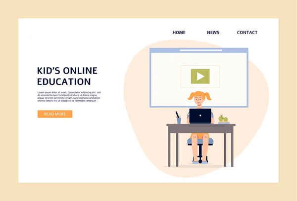 Kids online education banner with little girl using laptop to watch educational video. — Stock Vector