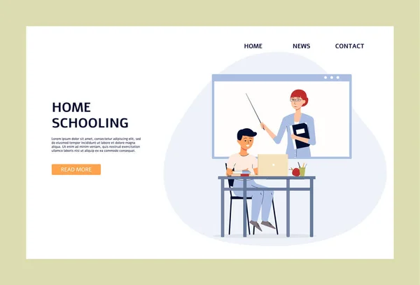 Home onderwijs banner met kind het krijgen van les online platte vector illustratie. — Stockvector