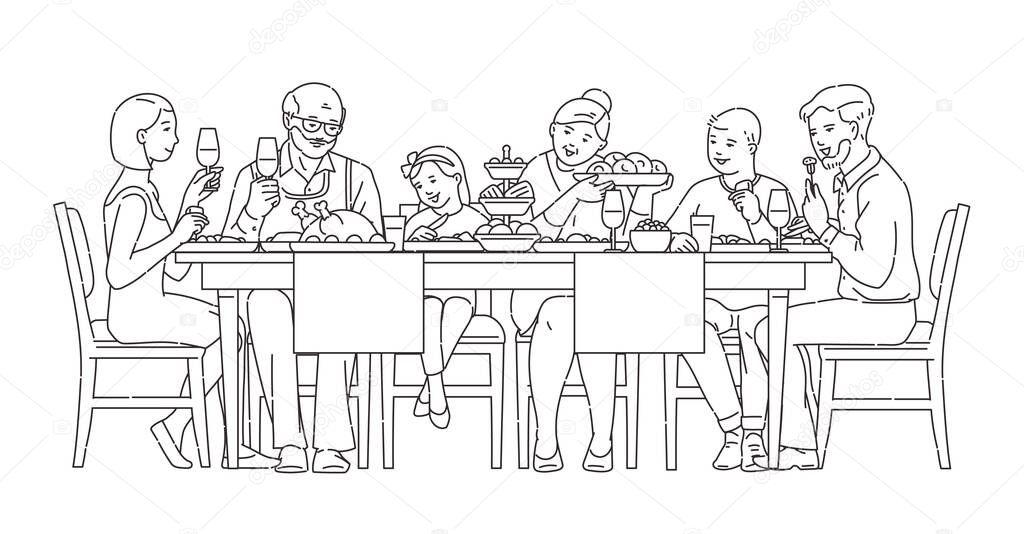 Family having dinner together, vector illustration in black line style isolated.