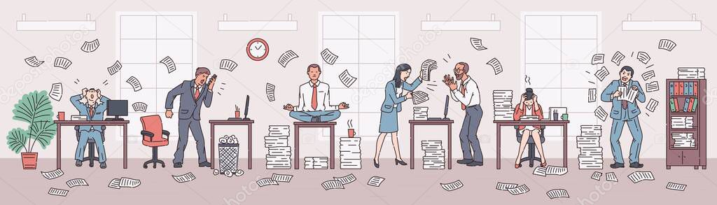 Office chaos rush scene with stressed company employees vector illustration.
