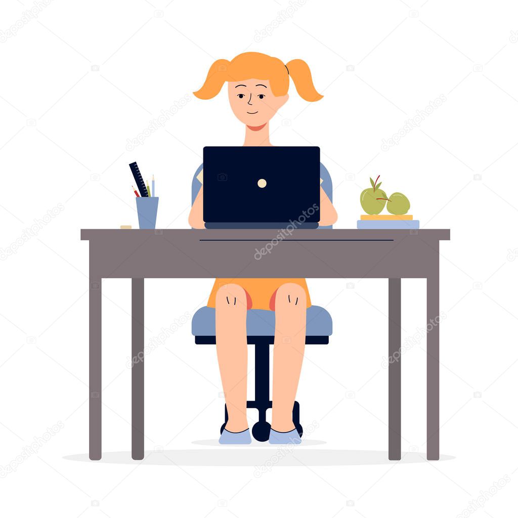 Child girl studying at home using laptop, flat vector illustration isolated.