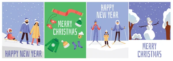 Conjunto de carteles de Navidad y año nuevo, ilustración plana vector de dibujos animados — Archivo Imágenes Vectoriales