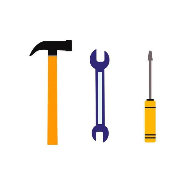 Werkzeugsatz Hammer, Schraubenschlüssel und Schraubenschlüssel, flache Vektorabbildung isoliert. — Stockvektor