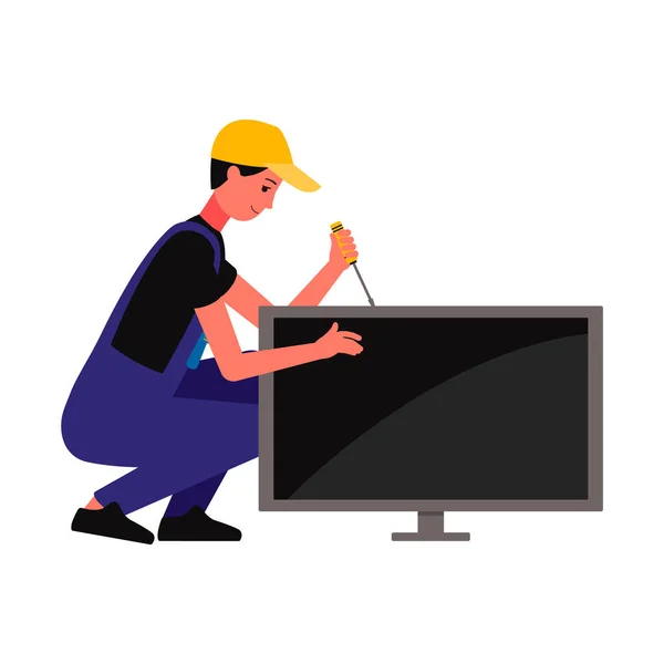 Repairman man character repairing broken TV flat vector illustration isolated. — Stock Vector