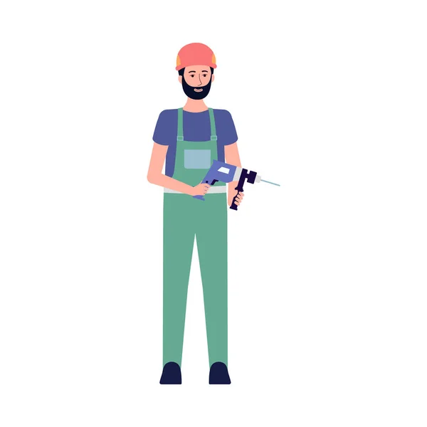 Builder or repairman with electric drill, flat vector illustration isolated. — Stock Vector