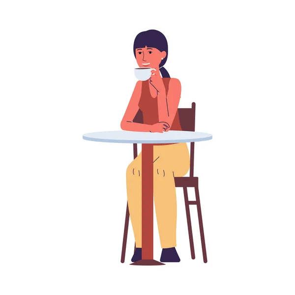 Vrouw zittend in cafe of coffeeshop en platte vectorillustratie geïsoleerd. — Stockvector