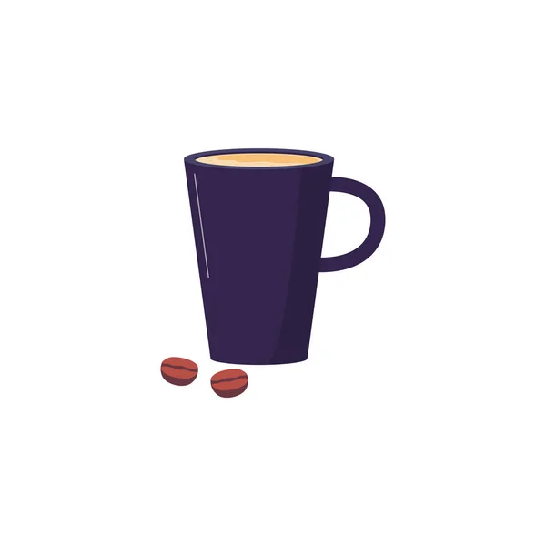 Blauwe keramische koffiemok met bonen cartoon platte vector illustratie geïsoleerd. — Stockvector