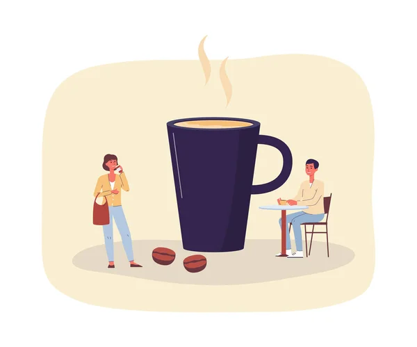 Piccole persone moderne personaggi vicino tazza di caffè piatto vettoriale illustrazione isolato. — Vettoriale Stock