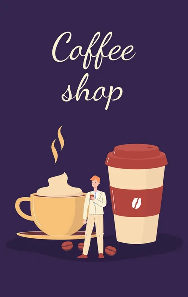 Flyer-Vorlage für Coffeeshops mit einem Mann, der flache Vektorillustration genießt. — Stockvektor