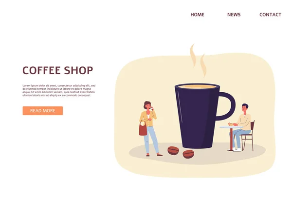 コーヒーショップのウェブバナーモックアップとともにマグカップのコーヒー、フラットベクトルイラスト. — ストックベクタ