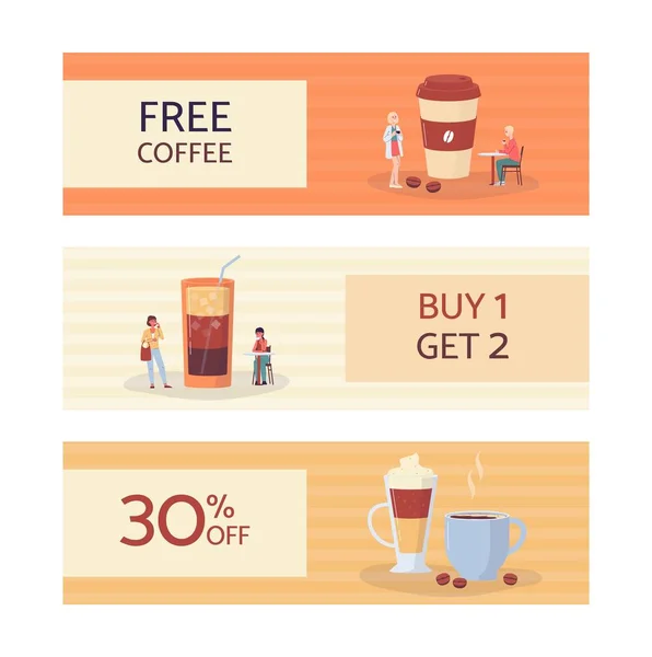 Aanbieding promotie banners of flyers set voor coffeeshop platte vector illustratie. — Stockvector