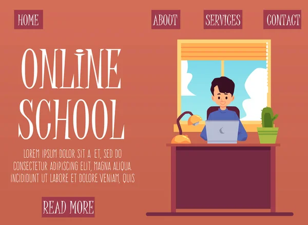 Web page for online school with child studying at home flat vector illustration. — Stock Vector