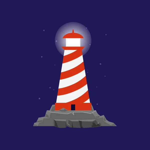 Vuurtoren of zoeklicht toren voor maritieme navigatie platte vector illustratie. — Stockvector