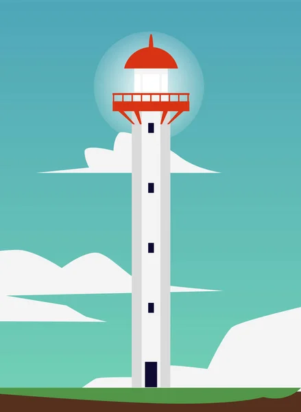 Nautical beacon or lighthouse on sunny sky background flat vector illustration. — Stock Vector